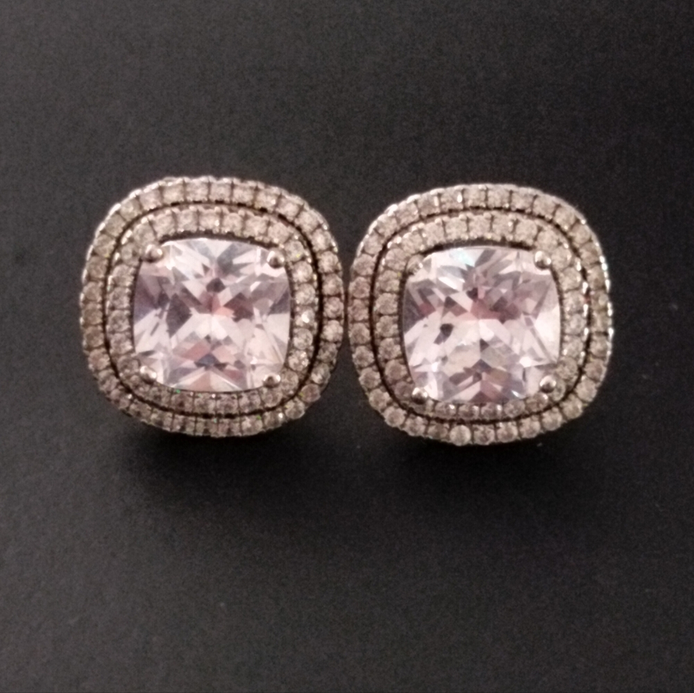 925 Square Princess Cut Zirconia & Pave Stud Post Earrings